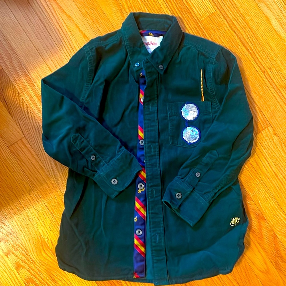 Mini Boden Harry Potter 5-6 boys green corduroy button up collared shirt EUC